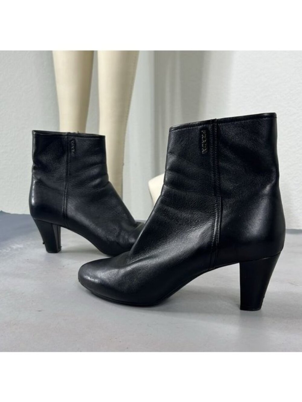 PRADA VTG Heeled Almond Tie Midi Logo Boots